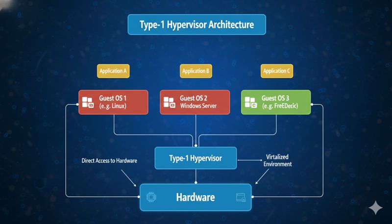 Схематичное изображение работы гипервизора 1-го типа
