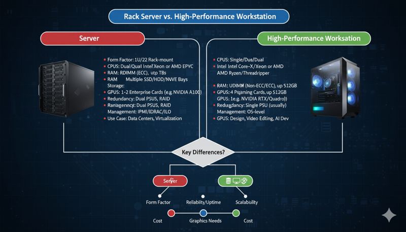 Схематичное изображение, сравнивающее сервер в стойке и мощную рабочую станцию