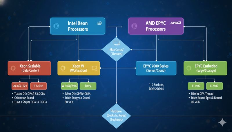Сравнение характеристик серверных процессоров Intel Xeon и AMD EPYC