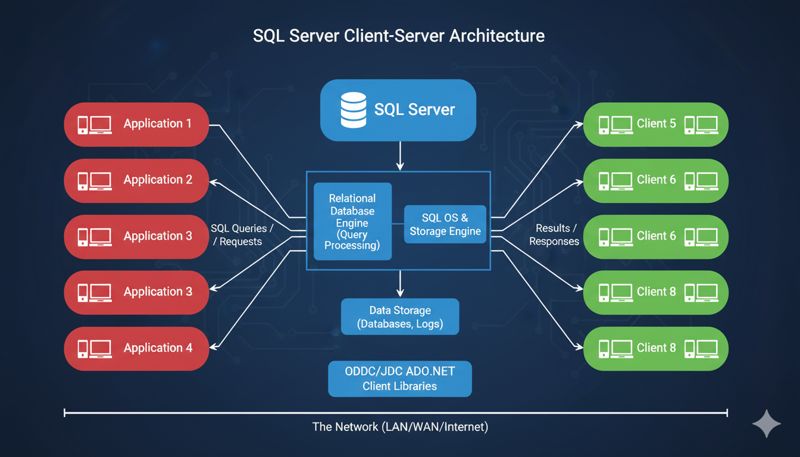 Схематичное изображение клиент-серверной архитектуры SQL-сервера
