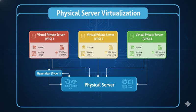 Схематичное изображение, показывающее разделение физического сервера на несколько VPS