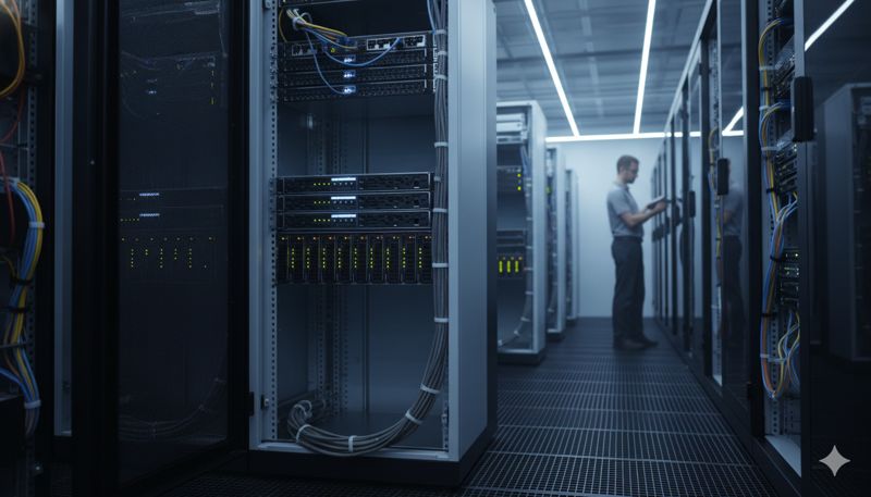 Сервисный инженер проводит техническое обслуживание сервера в стойке